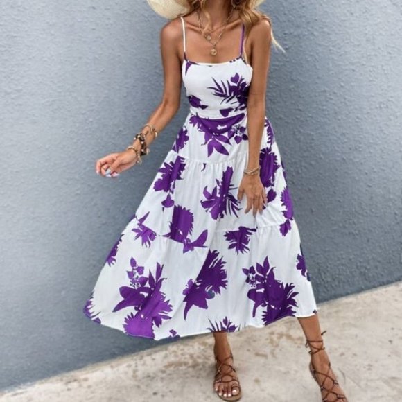 Boho purple white floral tropical print tie back maxi dress - Picture 2 of 7